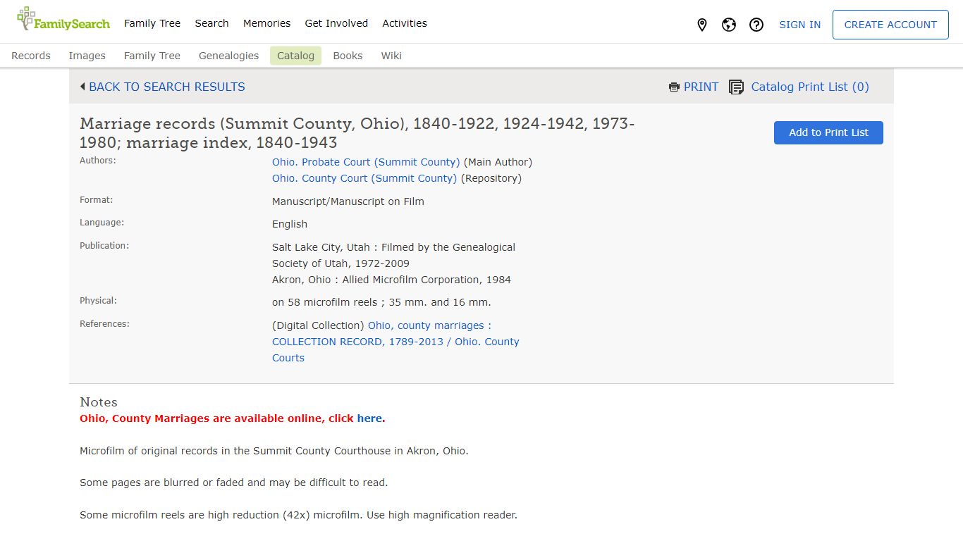 FamilySearch Catalog: Marriage records (Summit County, Ohio), 1840-1922 ...